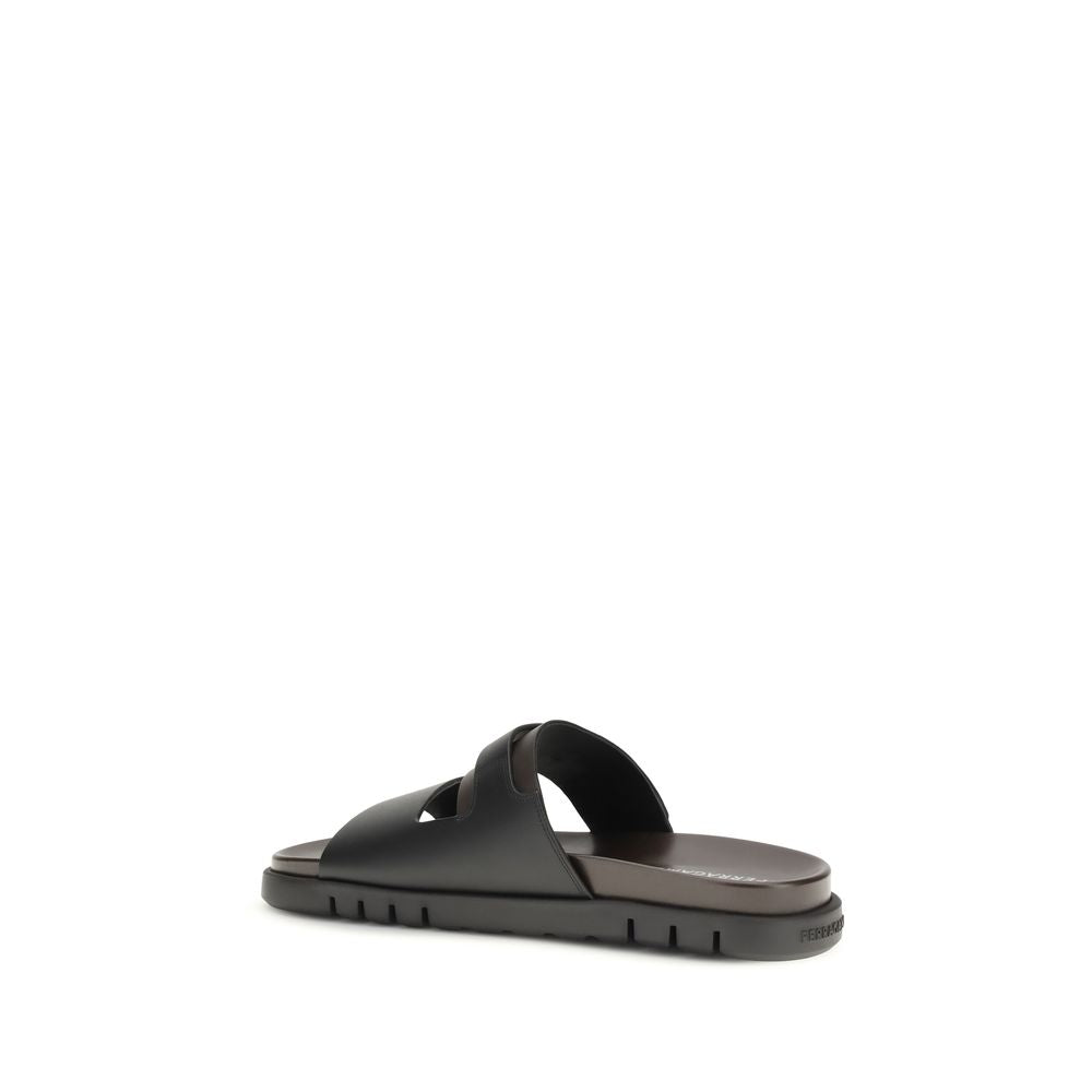 Ferragamo Black Calf Leather Bos Taurus Flat Sandals