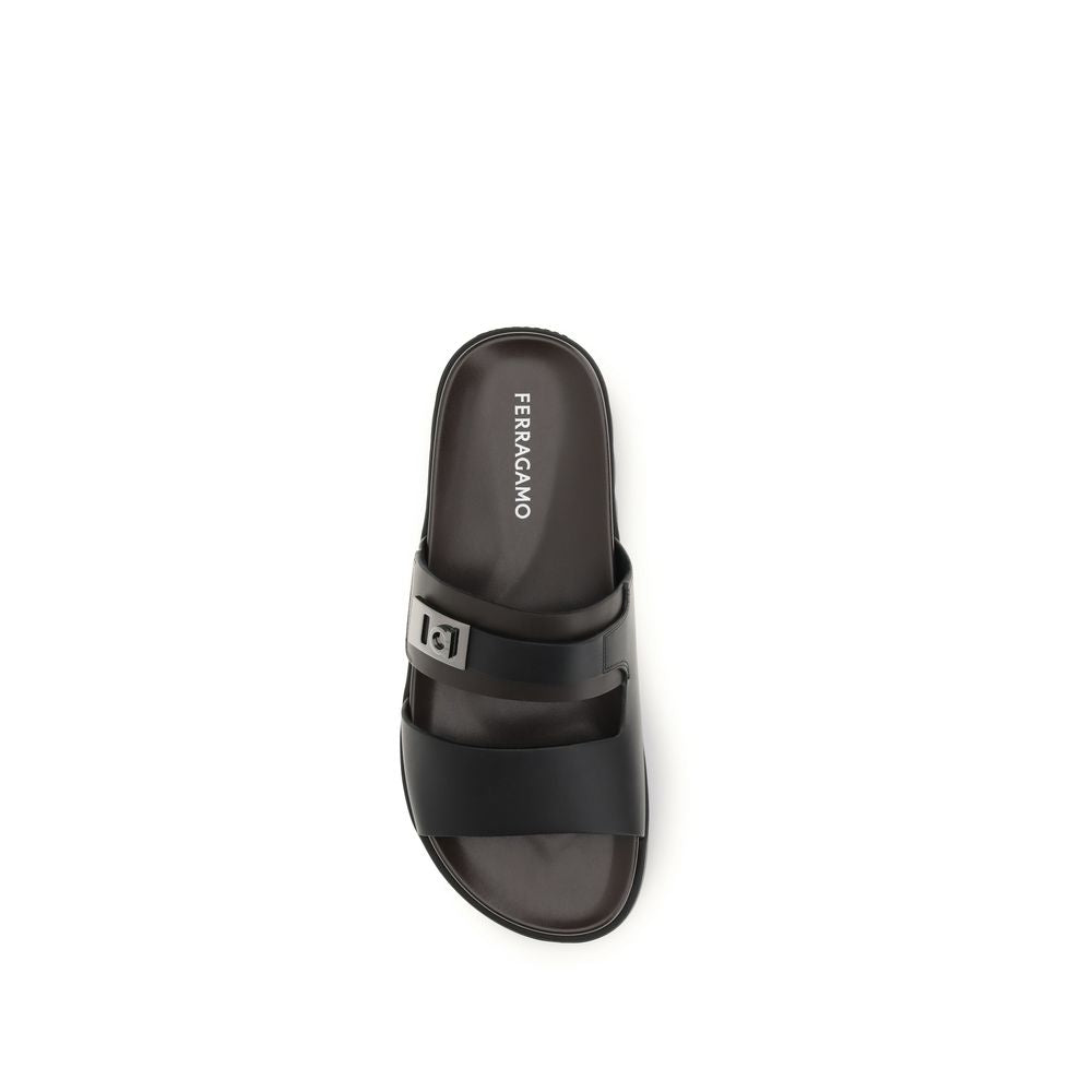 Ferragamo Black Calf Leather Bos Taurus Flat Sandals