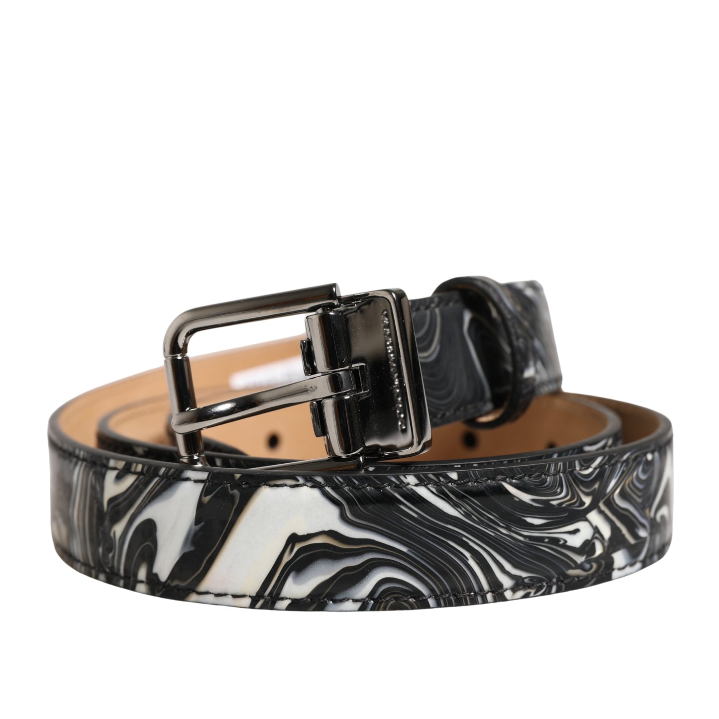 Dolce & Gabbana Men Black Marble Leather Metal Buckle Belt