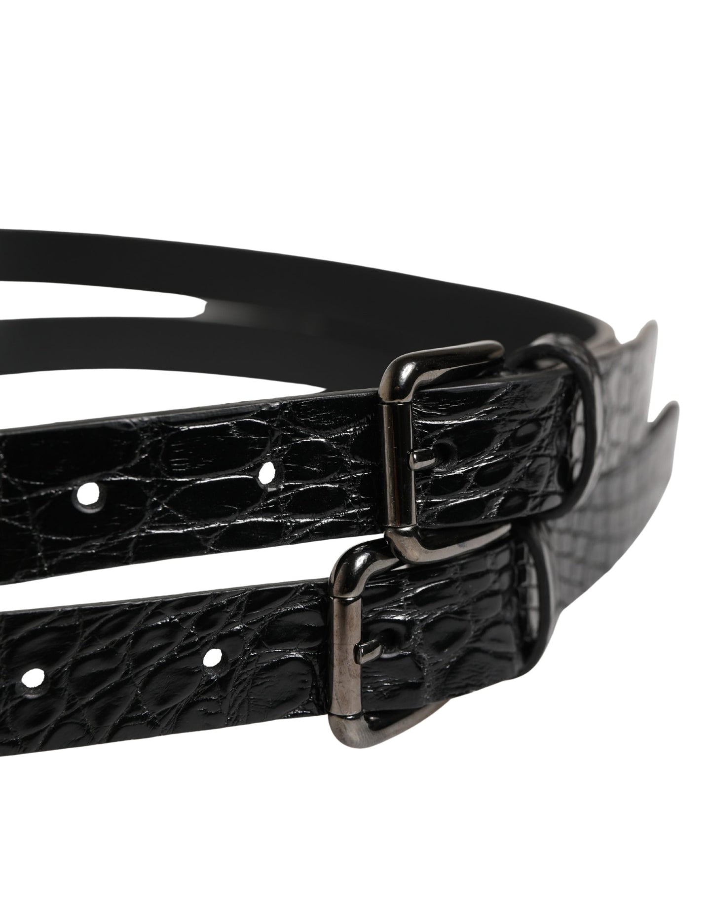Dolce & Gabbana Black Double Strap Leather Silver Buckle Belt