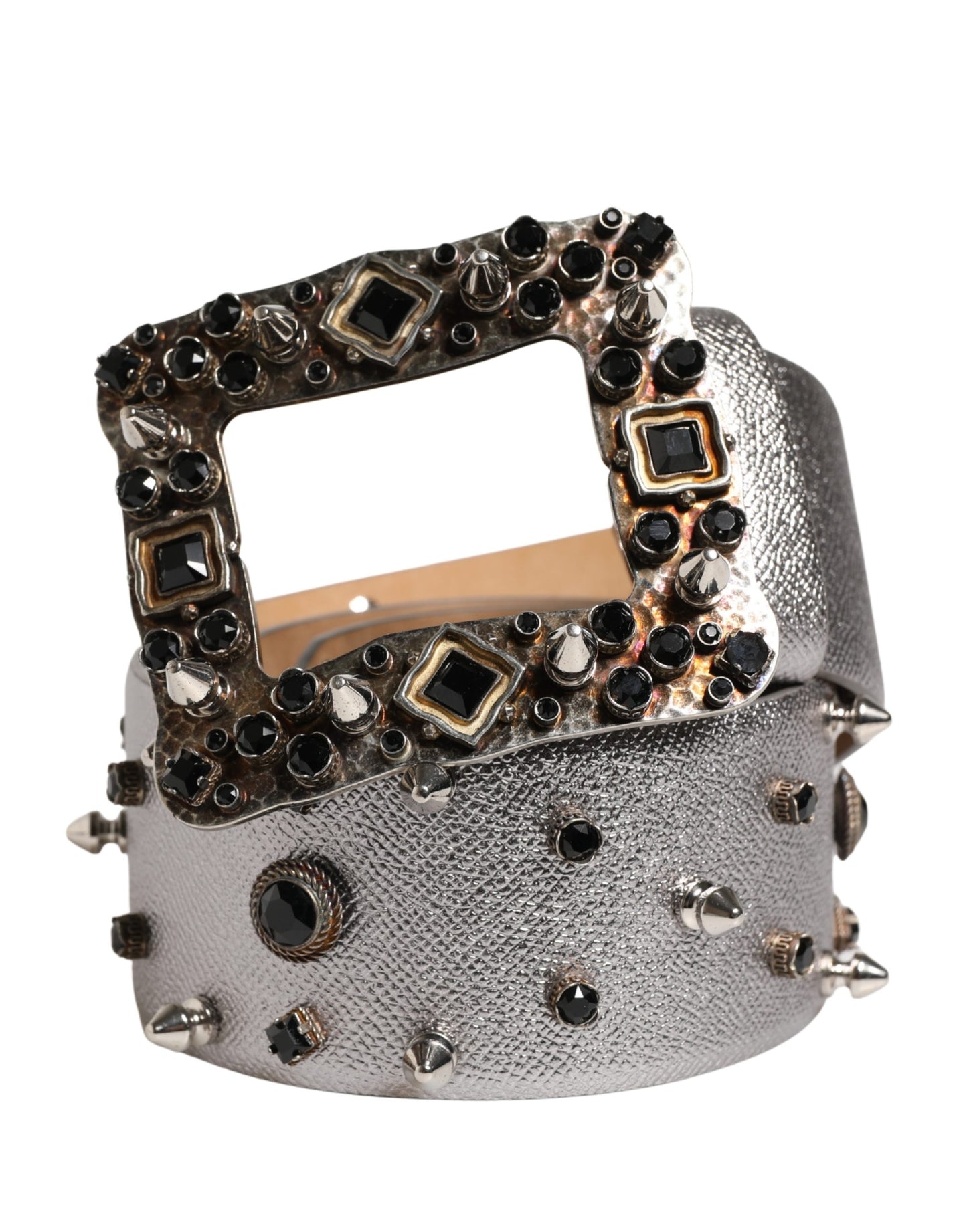 Dolce & Gabbana Silver Leather Crystal Metal Buckle Belt