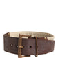 Ermanno Scervino Beige Brown Leather Canvas Metal Buckle Belt