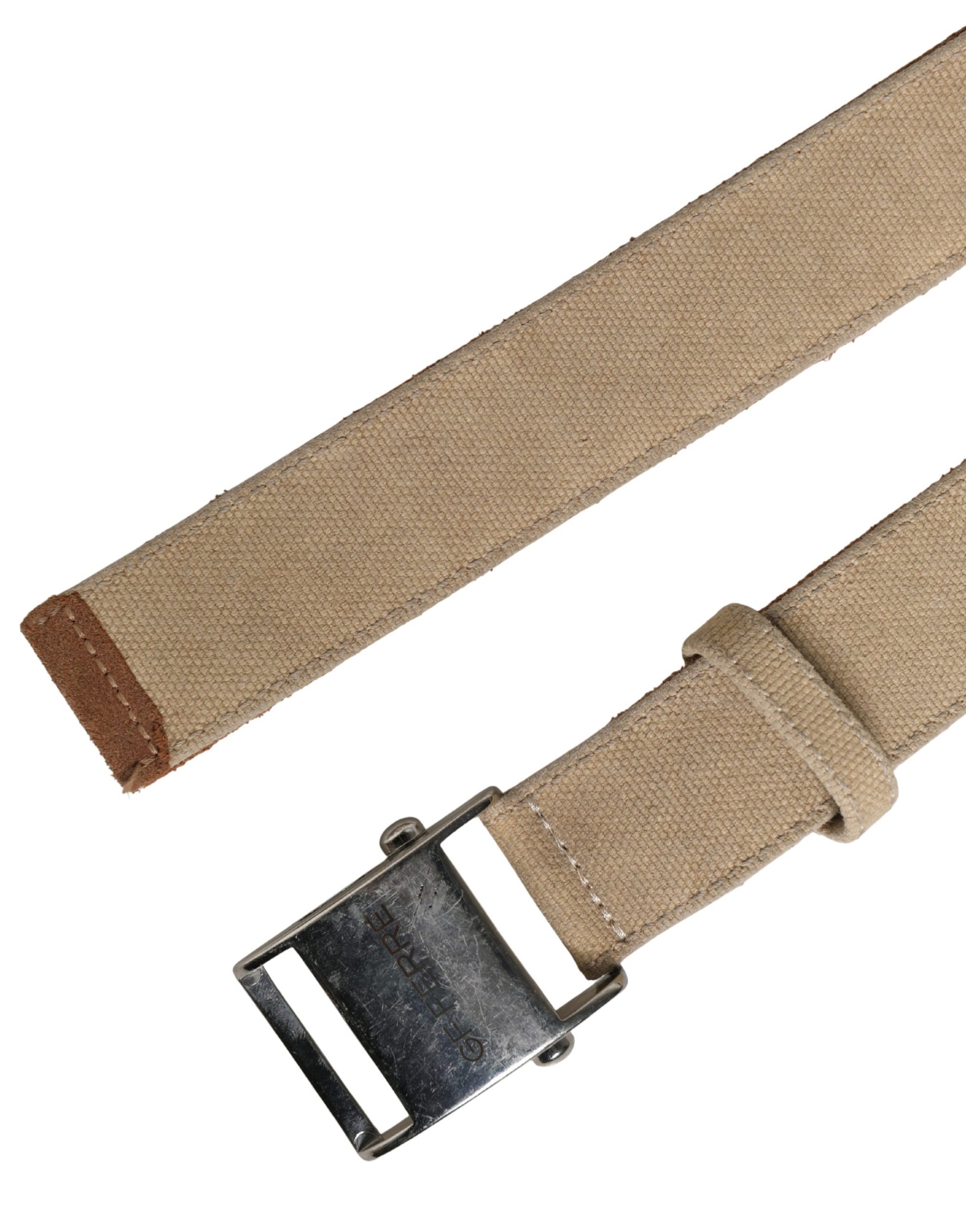 GF Ferre Men Beige Canvas Silver Metal Buckle Cintura Belt