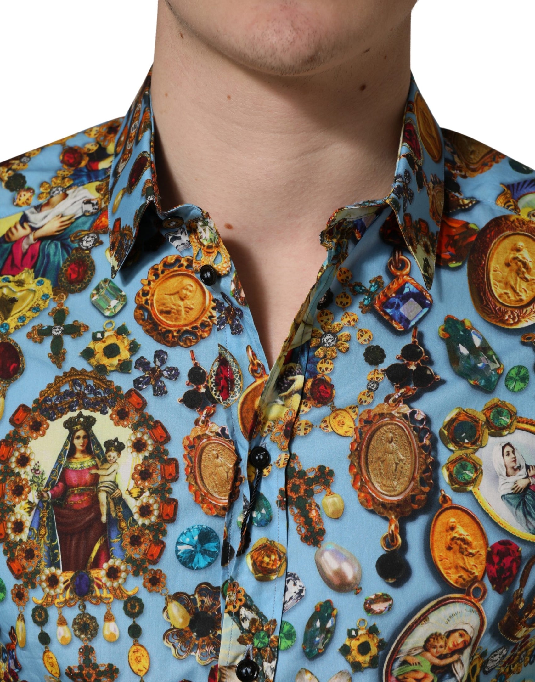 Dolce & Gabbana Blue Cotton Jewel Print Button Down GOLD Shirt