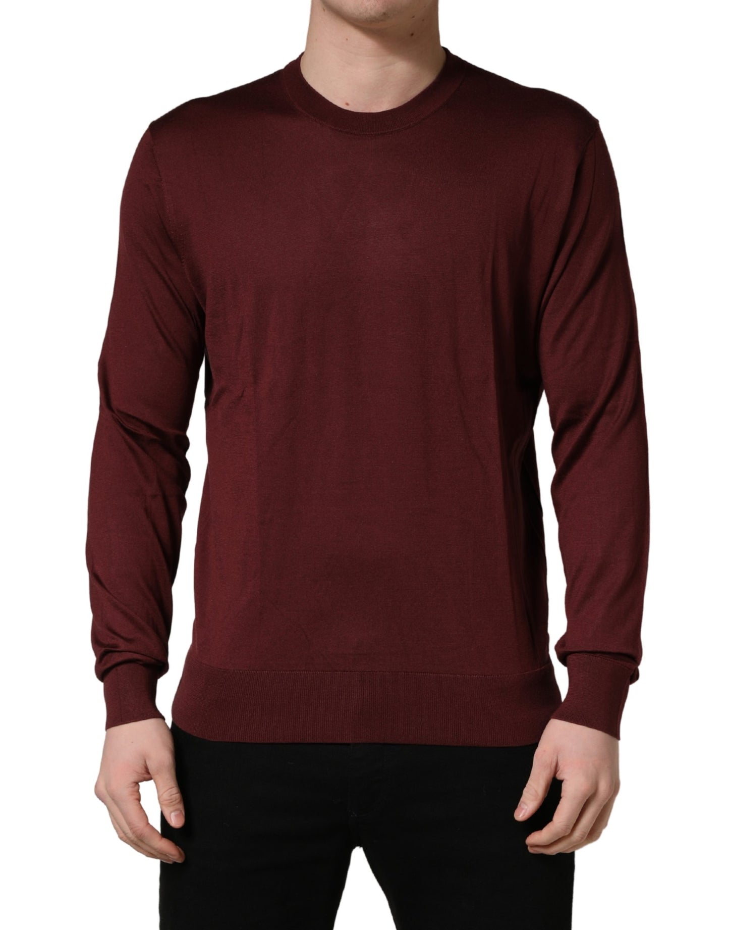 Dolce & Gabbana Maroon Silk Men Crew Neck Pullover Sweater