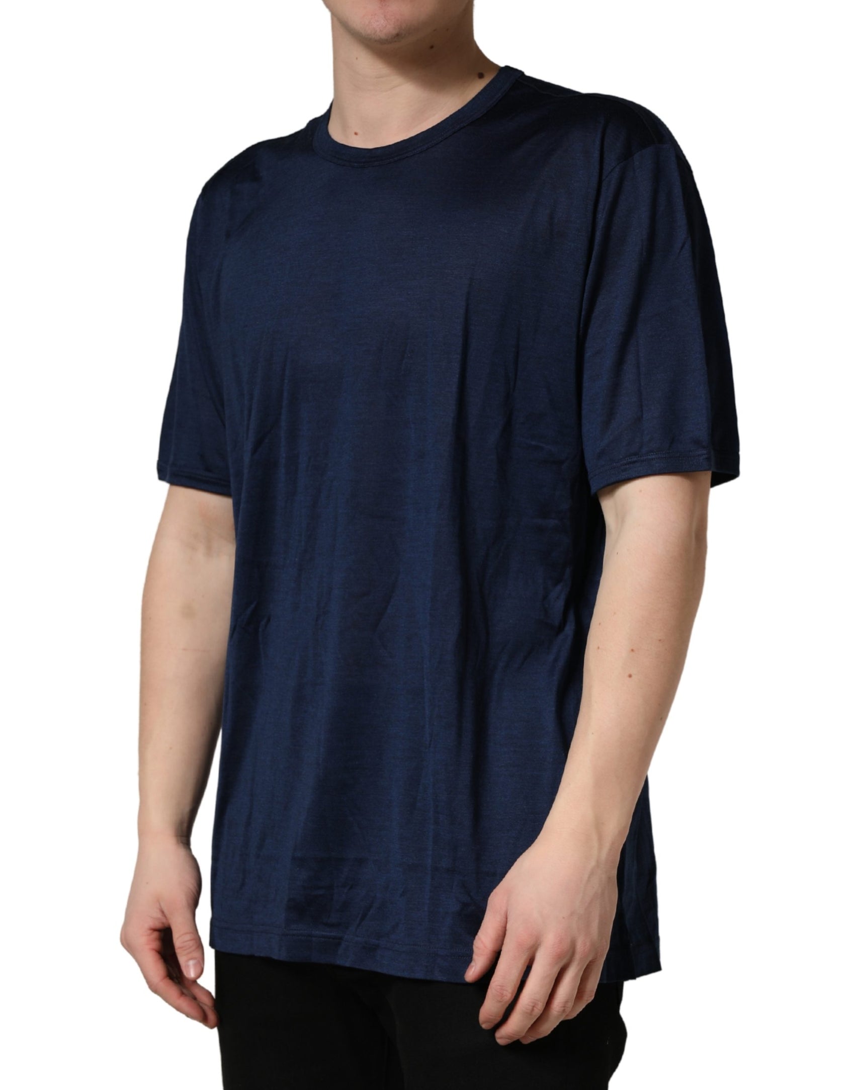 Dolce & Gabbana Dark Blue Silk Short Sleeve CrewNeck T-shirt