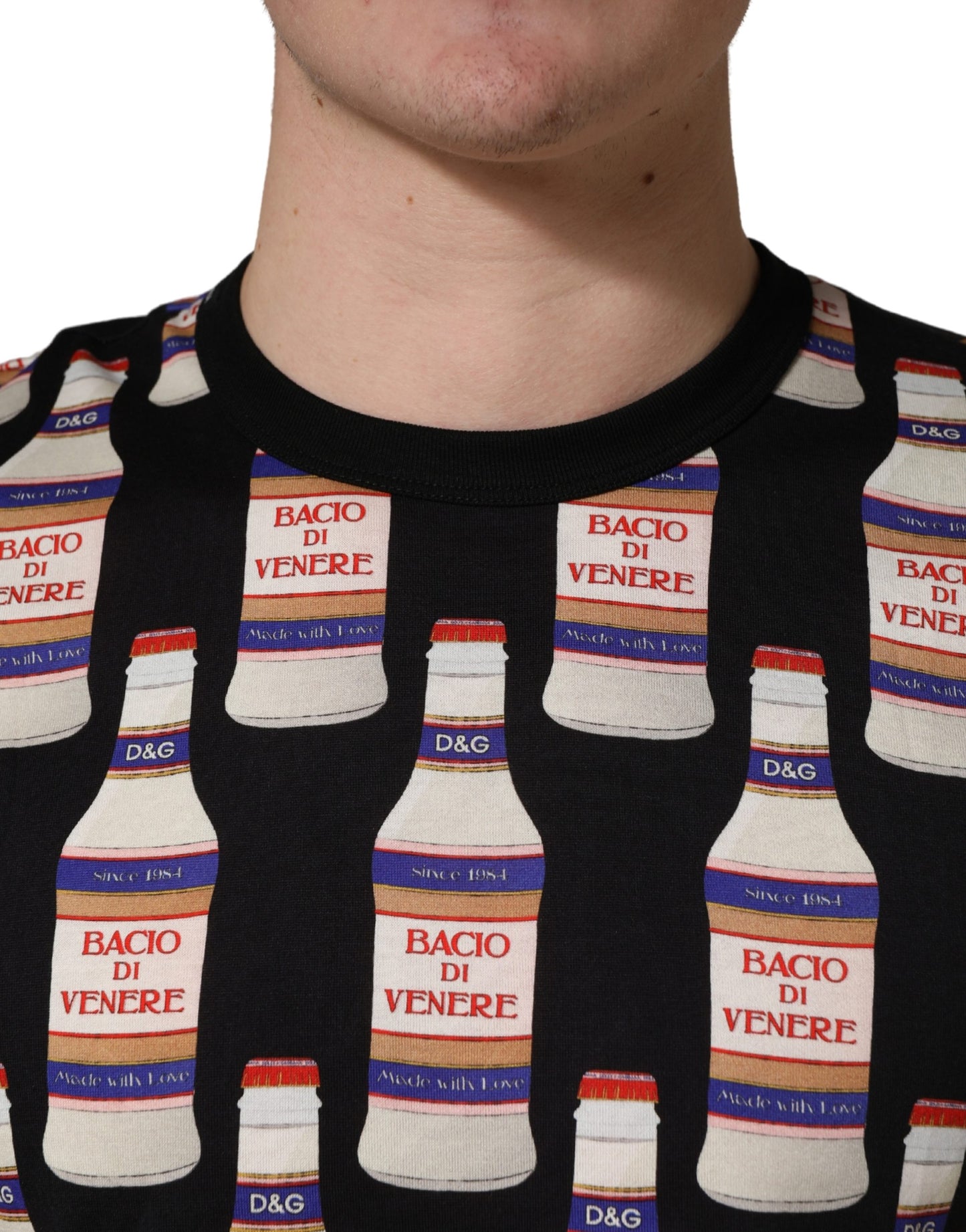 Dolce & Gabbana Black Bottle Print Cotton Crew Neck  T-shirt