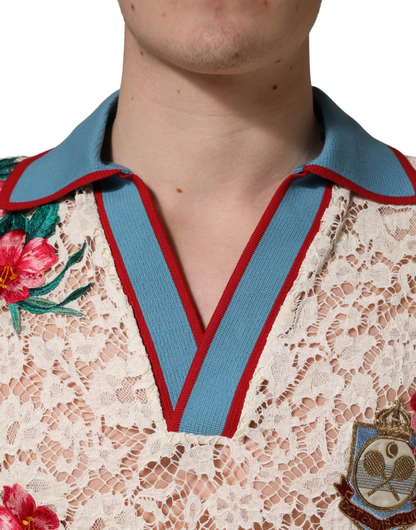 Dolce & Gabbana Beige Floral Tennis Club Lace Polo T-shirt