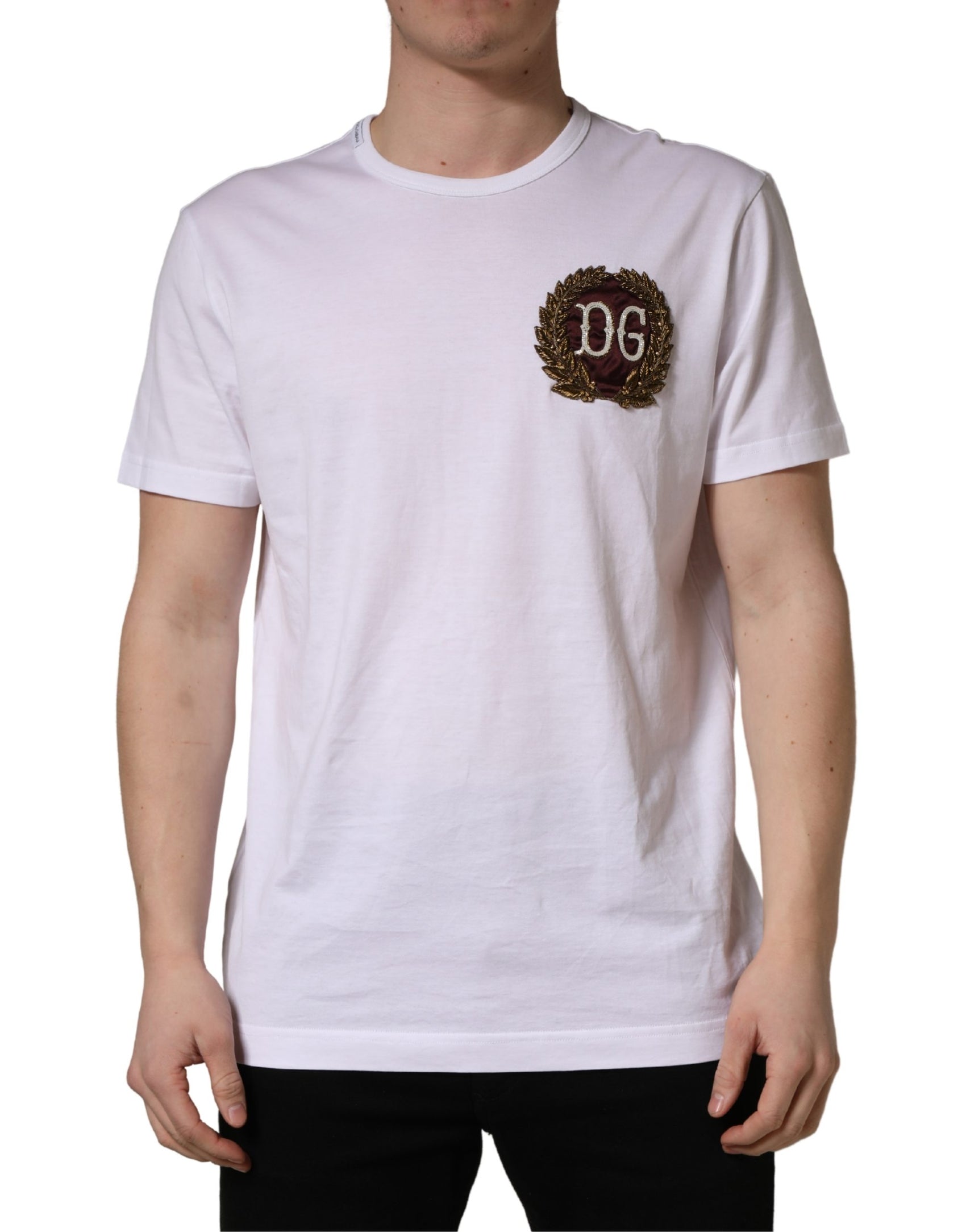 Dolce & Gabbana White DG Leaf Embroidery Crew Neck  T-shirt
