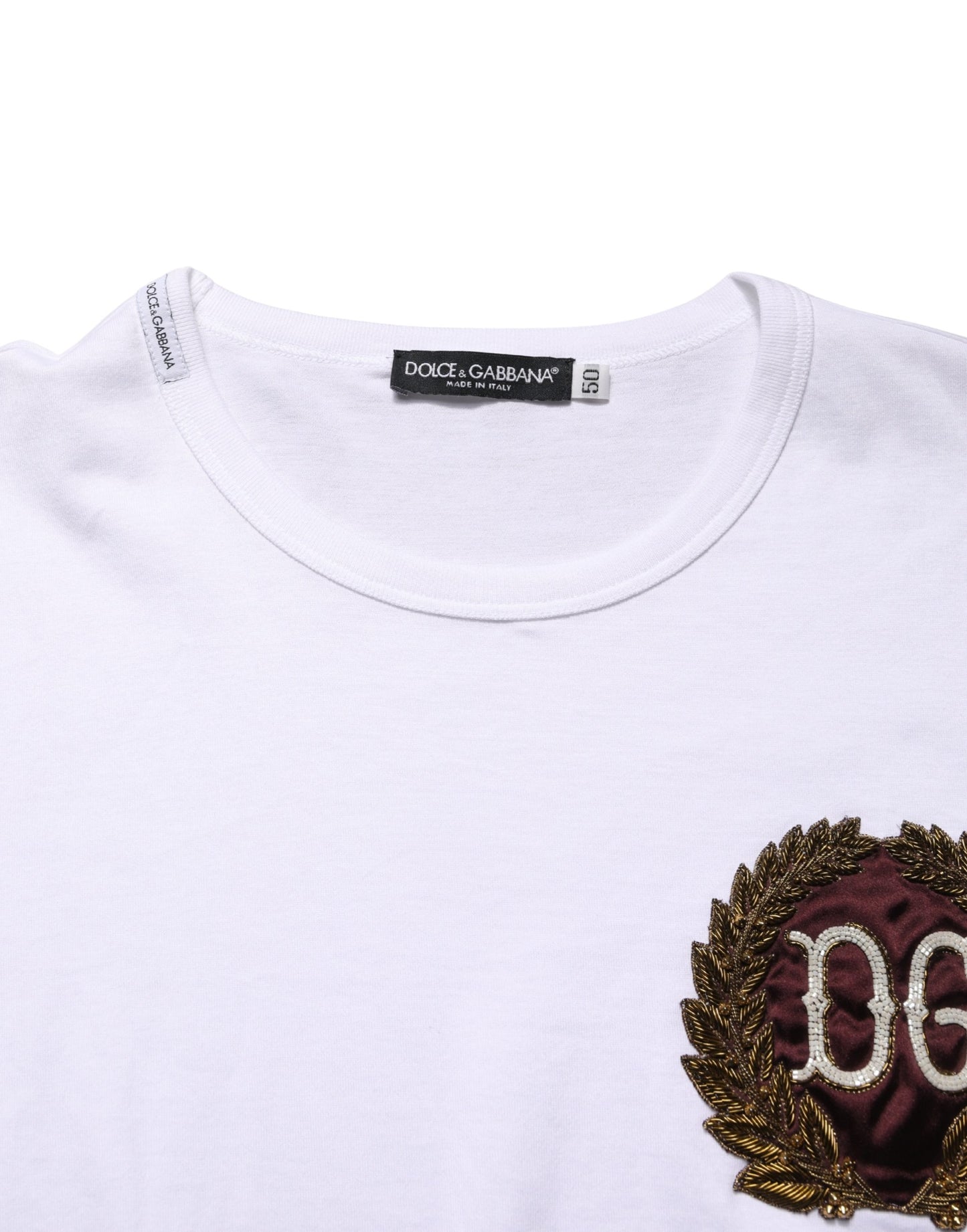Dolce & Gabbana White DG Leaf Embroidery Crew Neck  T-shirt