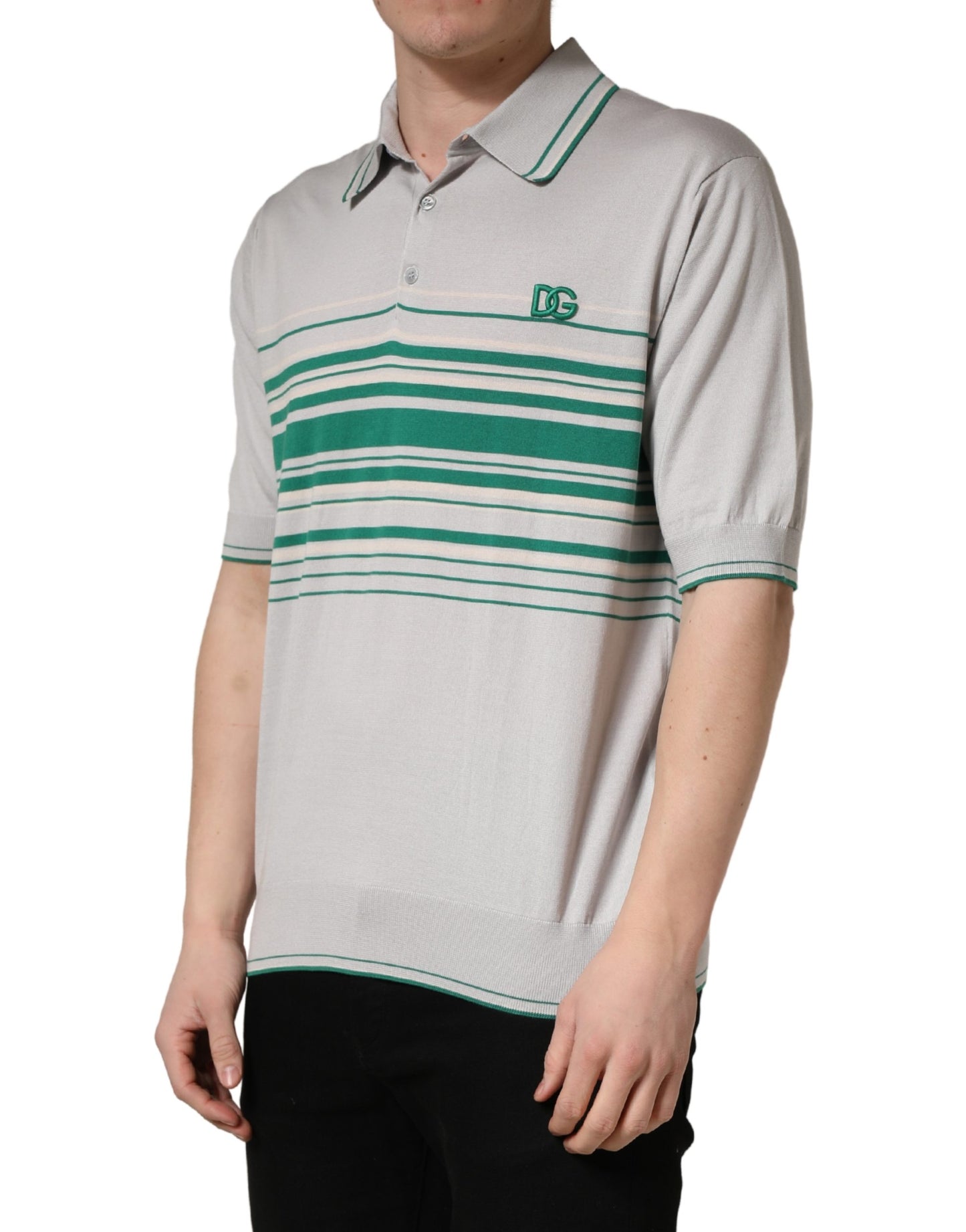 Dolce & Gabbana Gray Green Striped Logo Silk Polo T-shirt