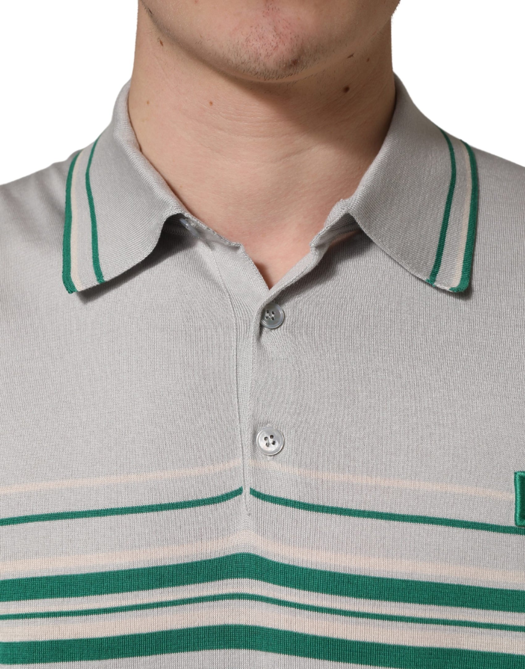 Dolce & Gabbana Gray Green Striped Logo Silk Polo T-shirt