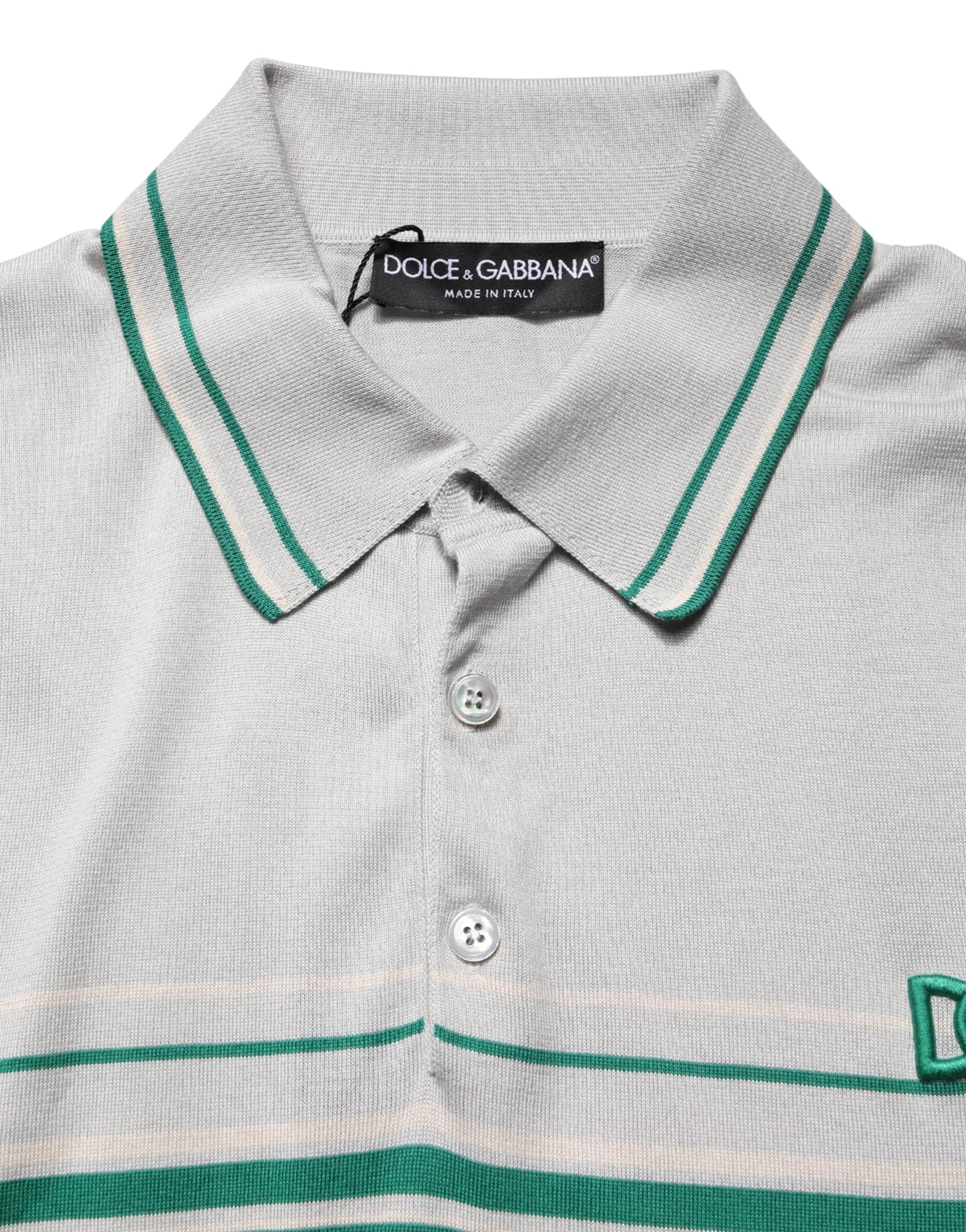 Dolce & Gabbana Gray Green Striped Logo Silk Polo T-shirt