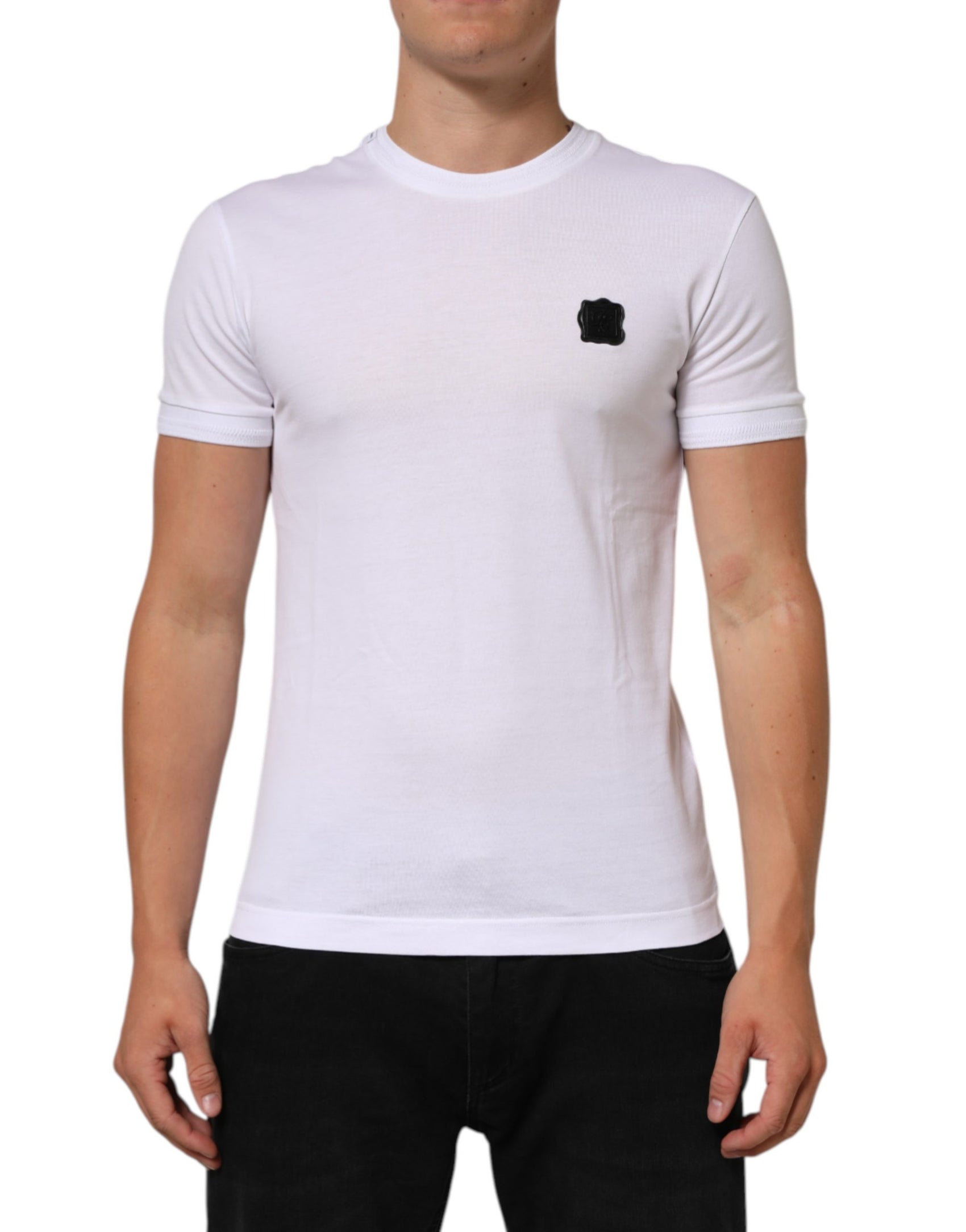 Dolce & Gabbana White Logo Patch Cotton Crew Neck T-shirt