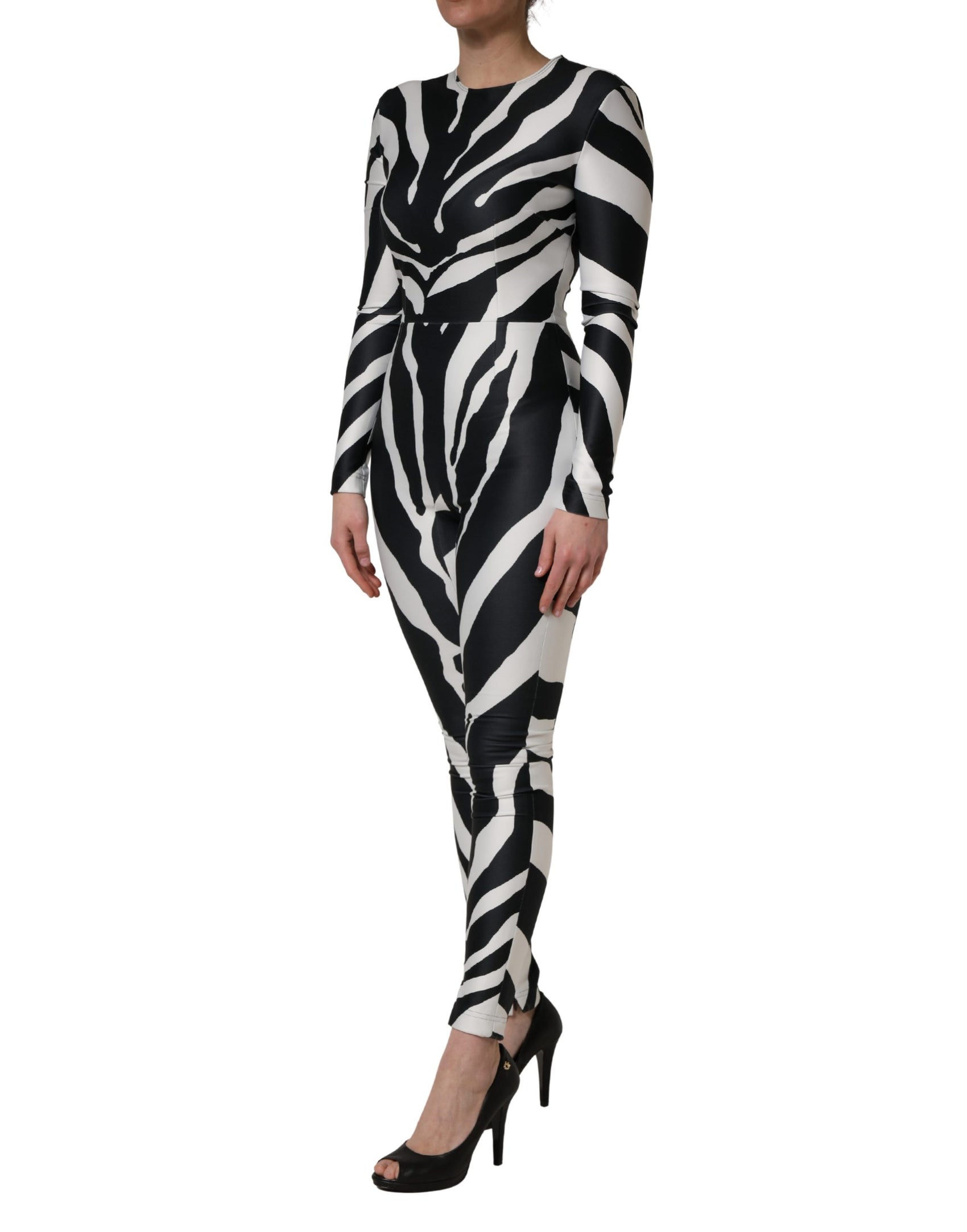 Dolce & Gabbana Black White Polyester Zebra Pattern Jumpsuit