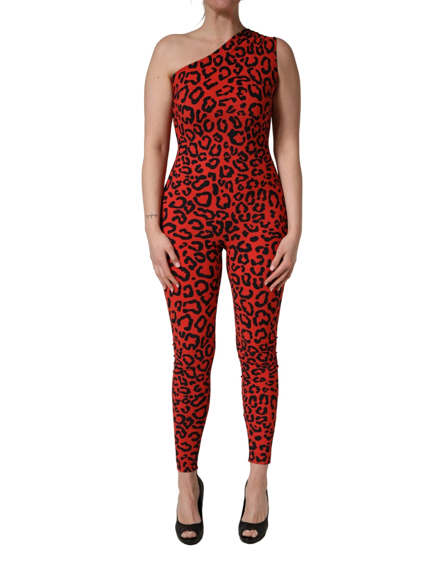 Dolce & Gabbana Black Red Nylon Leopard Pattern Jumpsuit