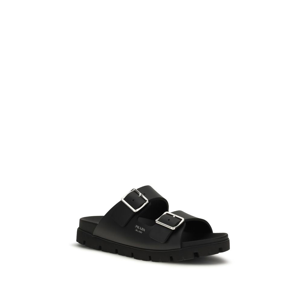 Prada Black Calf Leather Bos Taurus Flat Sandals