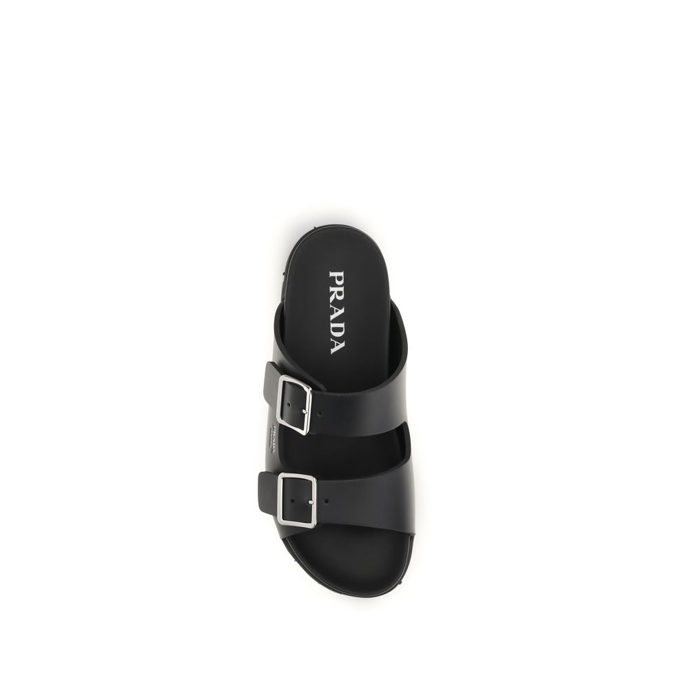 Prada Black Calf Leather Bos Taurus Flat Sandals