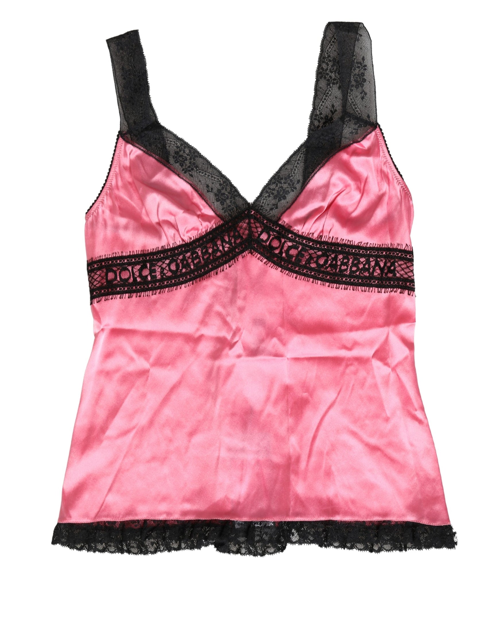 Dolce & Gabbana Pink Silk Satin Lace Trim Lingerie Top Sleepwear