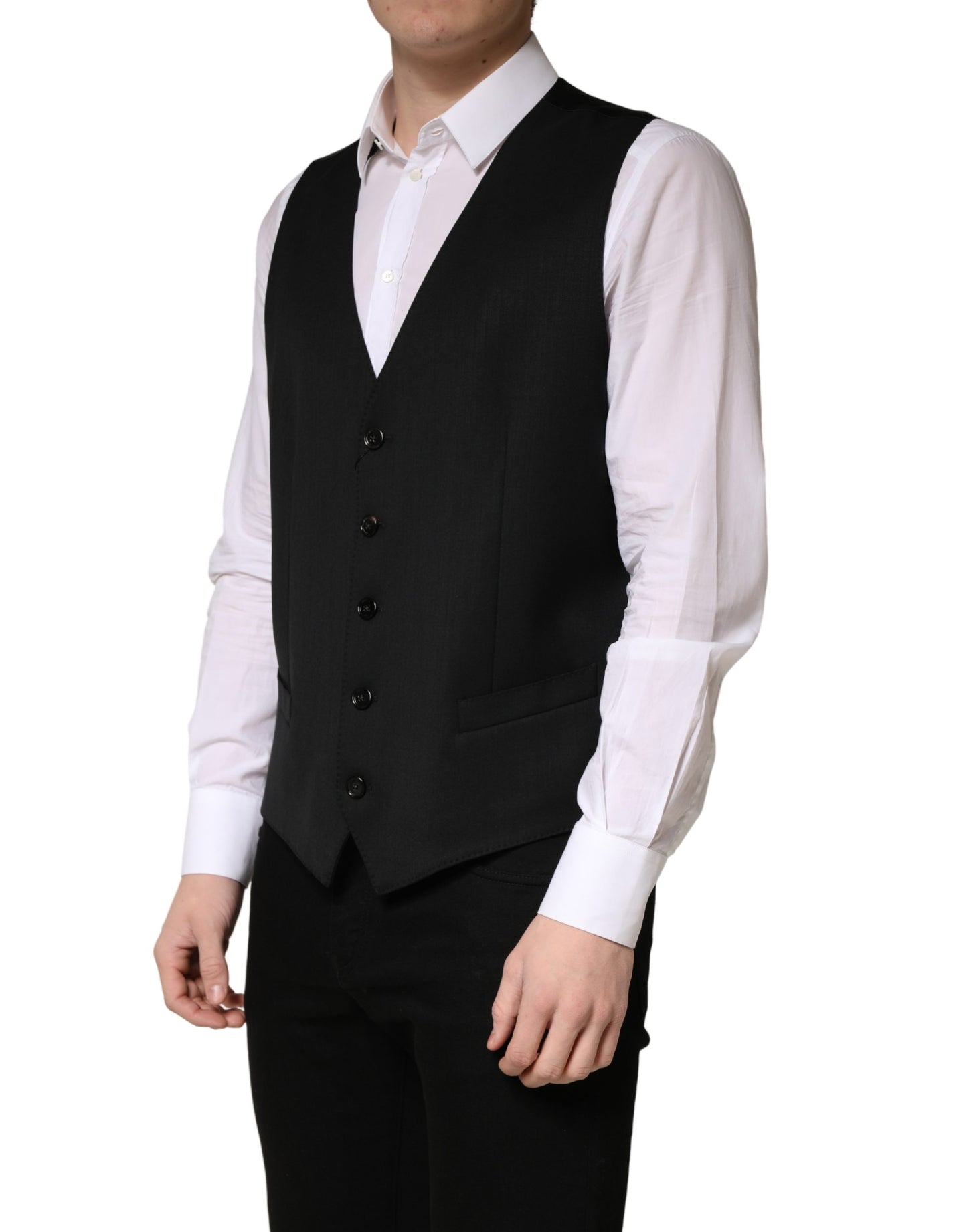 Dolce & Gabbana Black Wool Single Breasted Men Waistcoat Vest