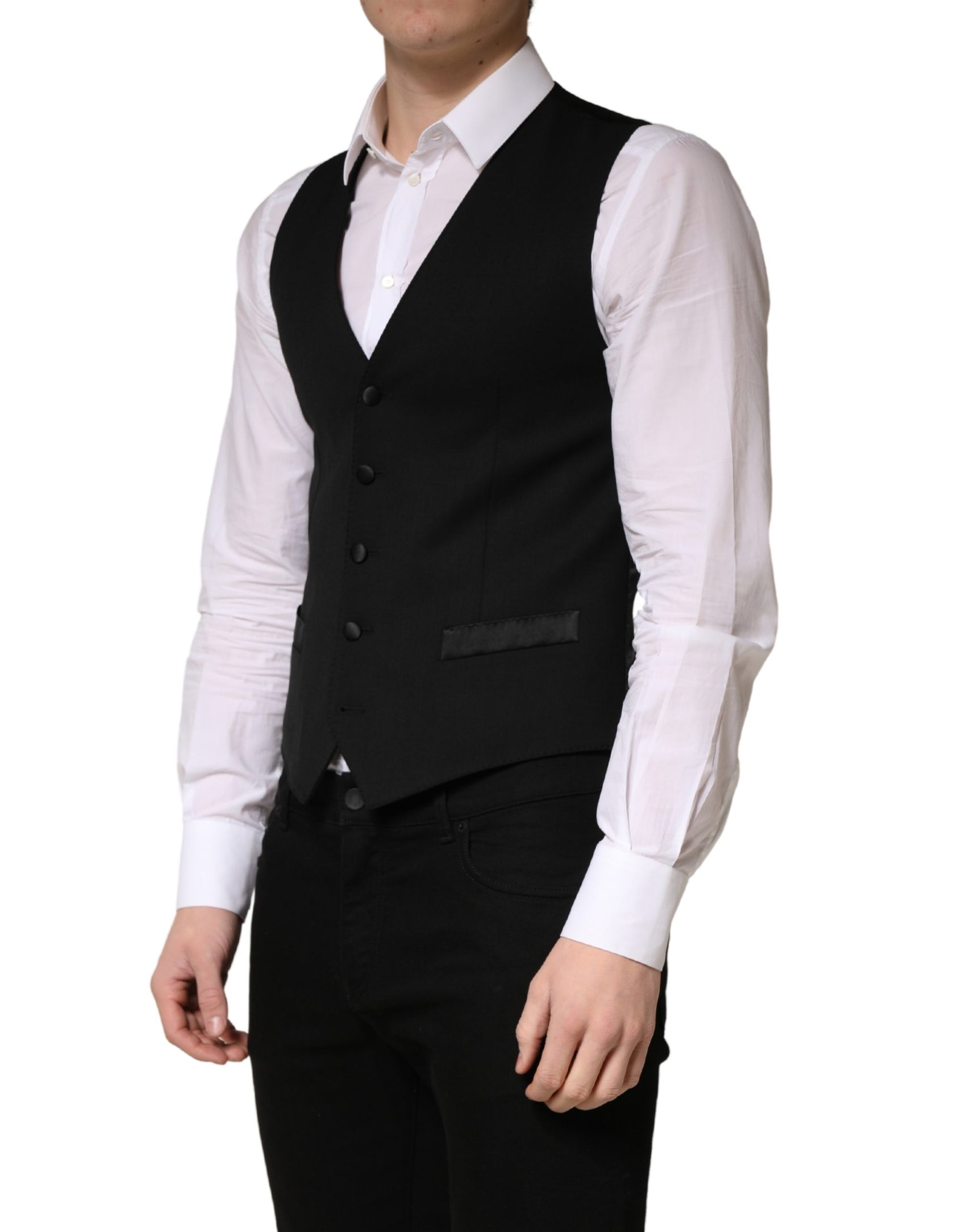 Dolce & Gabbana Black Wool Single Breasted Men Waistcoat Vest