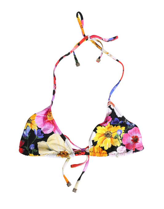 Dolce & Gabbana Black Floral Print Nylon Halter Bikini Top Swimwear