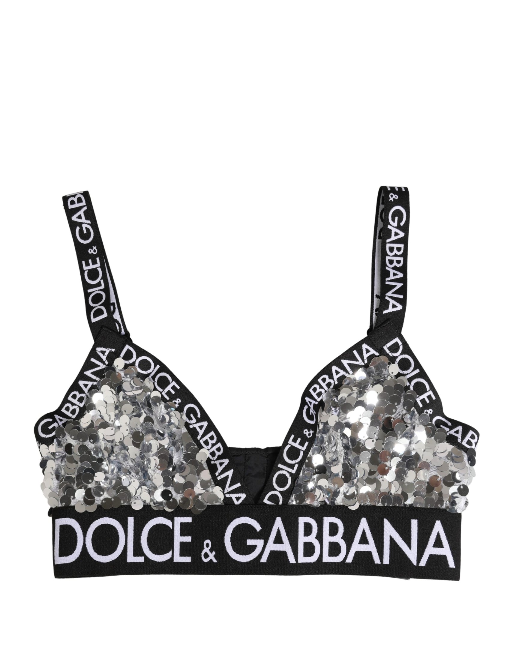 Dolce & Gabbana Silver Sequined Triangle Soft Cup Bra Underwear