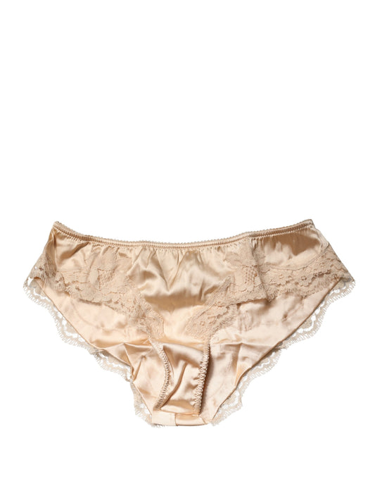 Dolce & Gabbana Beige Silk Satin Floral Lace Panty Brief Underwear