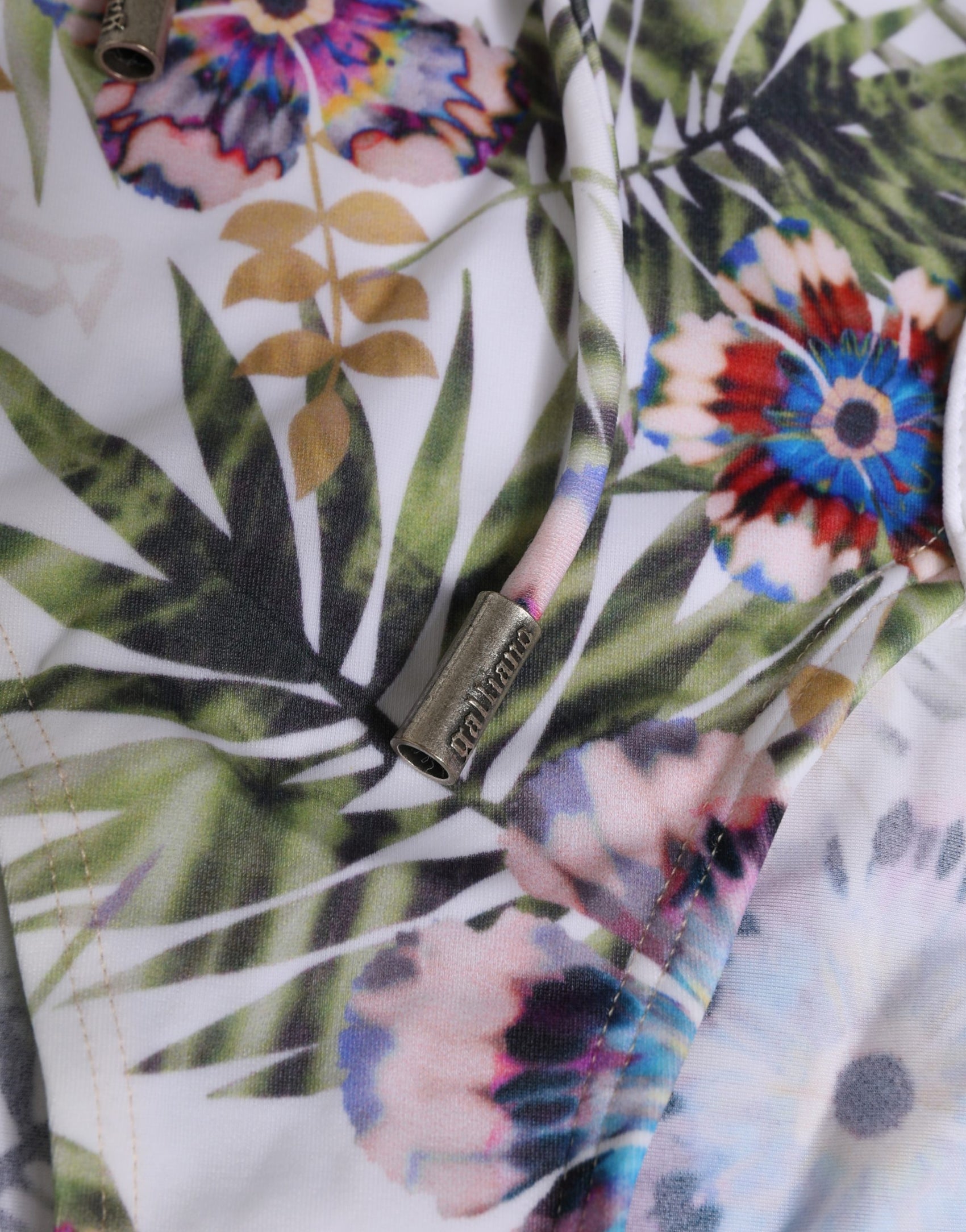 John Galliano White Floral Print Strapless One-Piece Swimsuit Swimwear