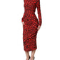 Dolce & Gabbana Red Leopard Print Long Sleeves Midi Dress
