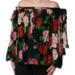 Dolce & Gabbana Black Rose Print Silk Off The Shoulder Blouse Top