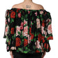 Dolce & Gabbana Black Rose Print Silk Off The Shoulder Blouse Top