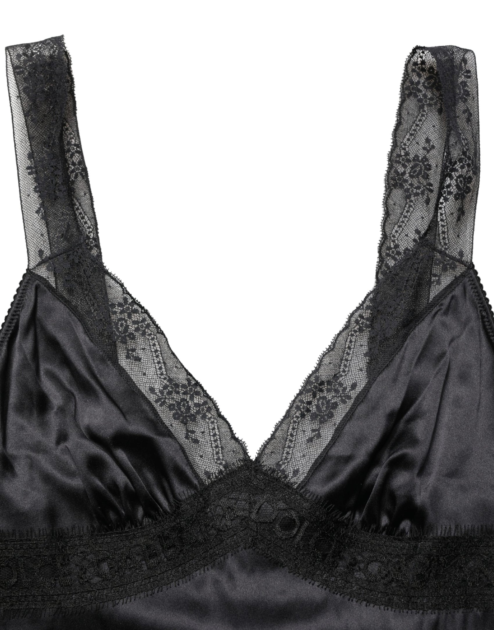 Dolce & Gabbana Black Silk Lace Trim Camisole V-neckline Tank Top