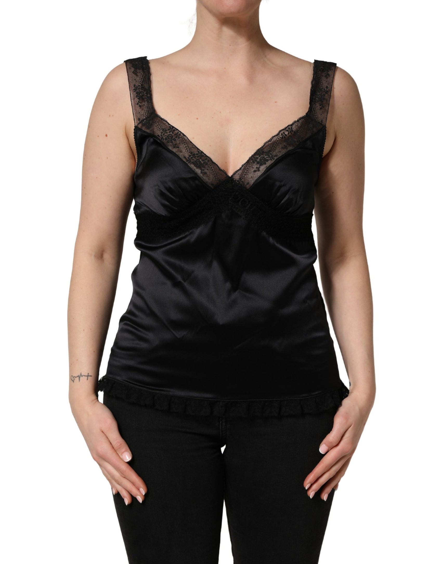 Dolce & Gabbana Black Silk Lace Trim Camisole V-neckline Tank Top