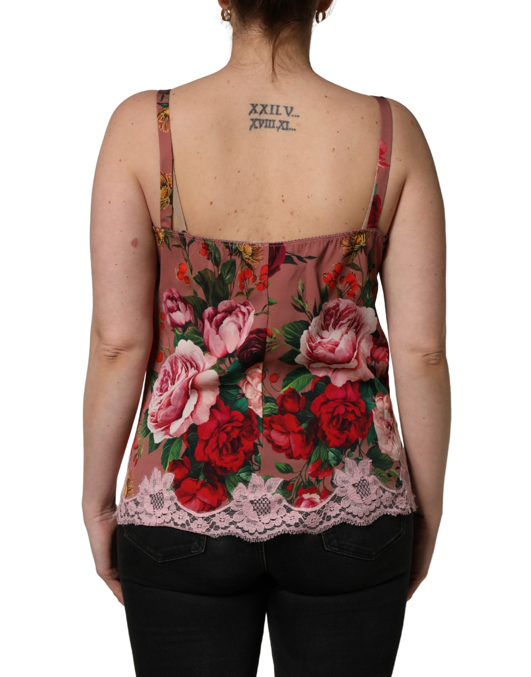 Dolce & Gabbana Brown Rose Print Satin Lace Camisole Tank Top