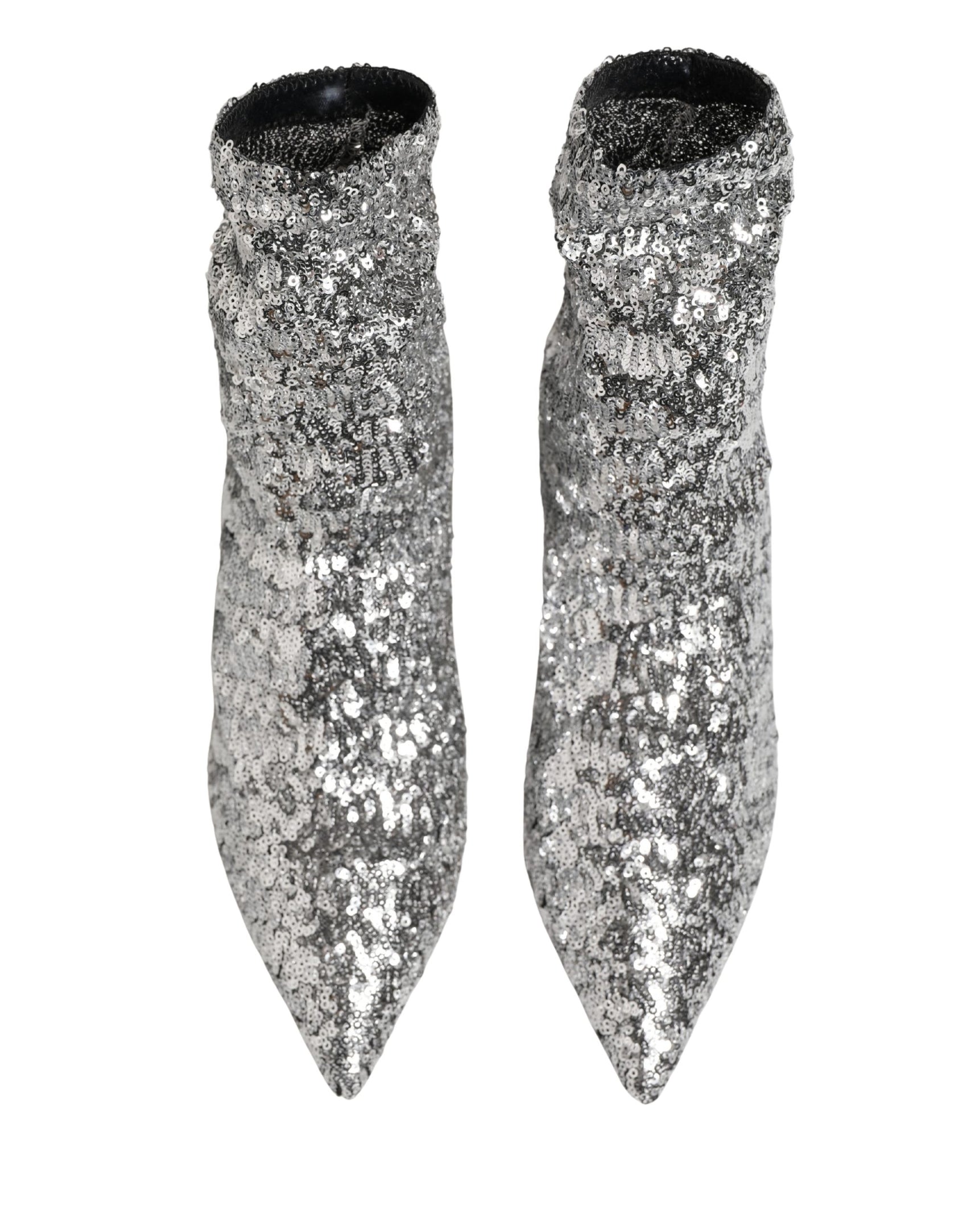 Dolce & Gabbana Silver Sequined Short Boots Stretch Shoes