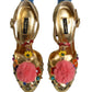 Dolce & Gabbana Gold Fur Trim Glitter T-strap Sandals Shoes