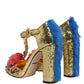 Dolce & Gabbana Gold Fur Trim Glitter T-strap Sandals Shoes