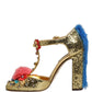 Dolce & Gabbana Gold Fur Trim Glitter T-strap Sandals Shoes