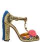 Dolce & Gabbana Gold Fur Trim Glitter T-strap Sandals Shoes
