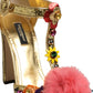 Dolce & Gabbana Gold Fur Trim Glitter T-strap Sandals Shoes