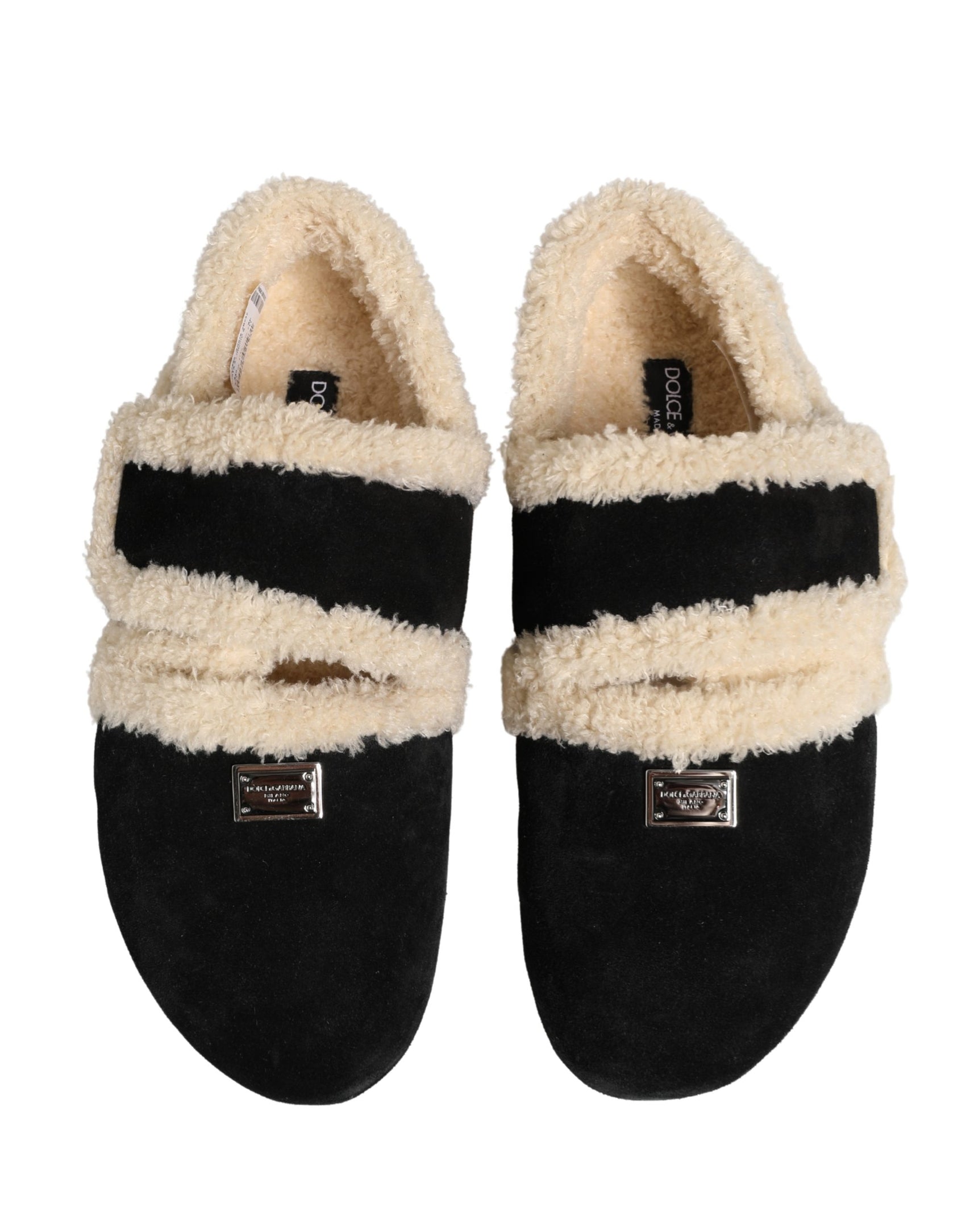 Dolce & Gabbana Beige Black Faux Fur Flats Men Sandals Shoes