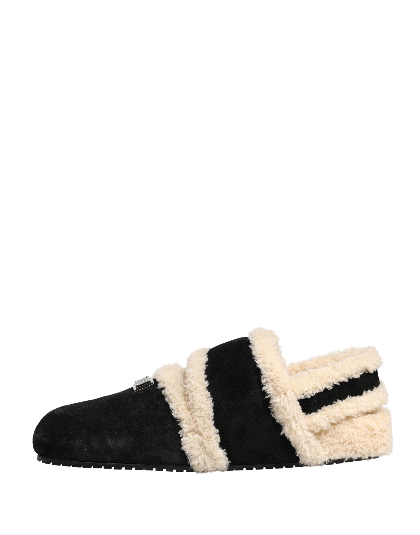 Dolce & Gabbana Beige Black Faux Fur Flats Men Sandals Shoes