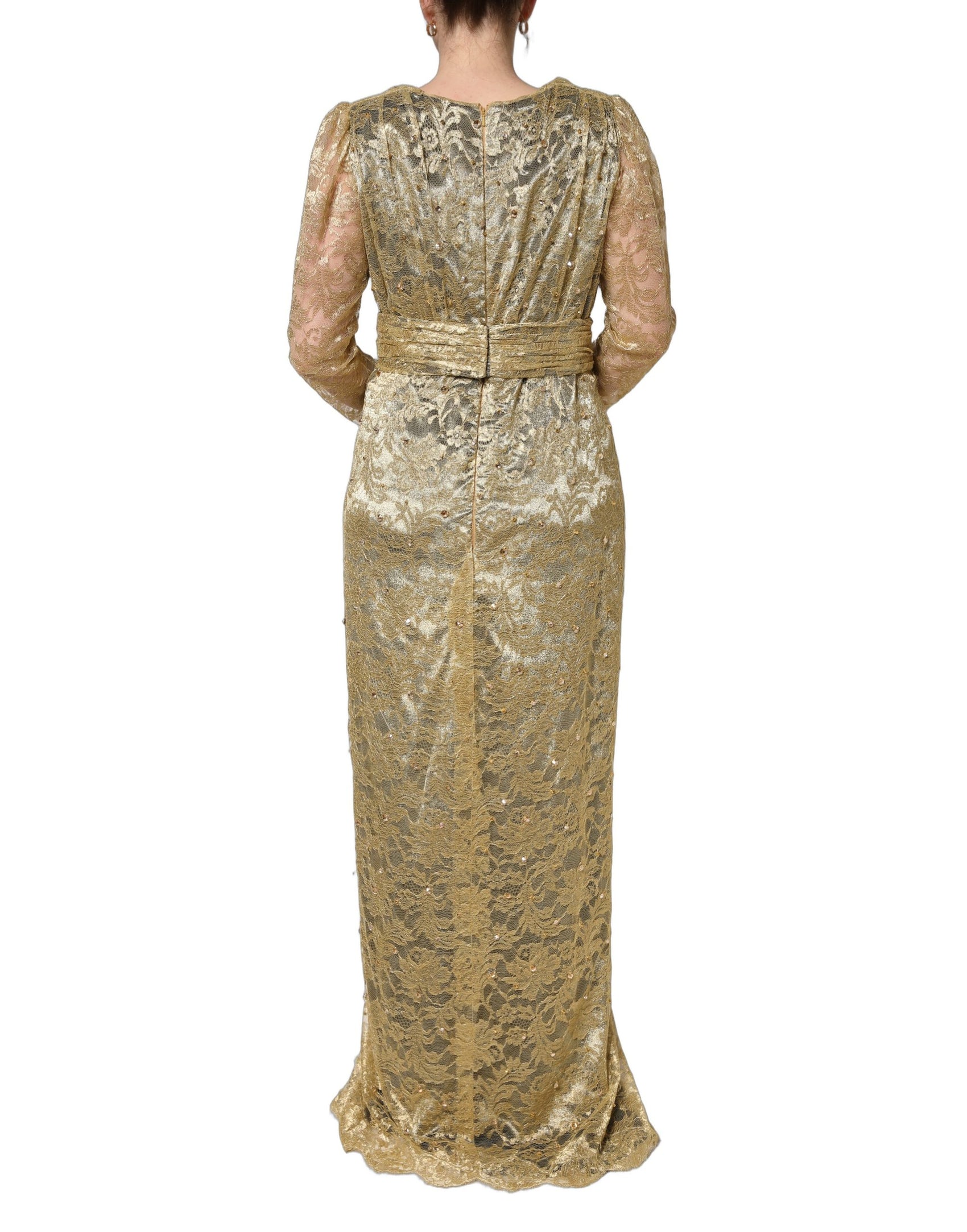 Dolce & Gabbana Gold Sheer Lace Crystal Embellished Dress