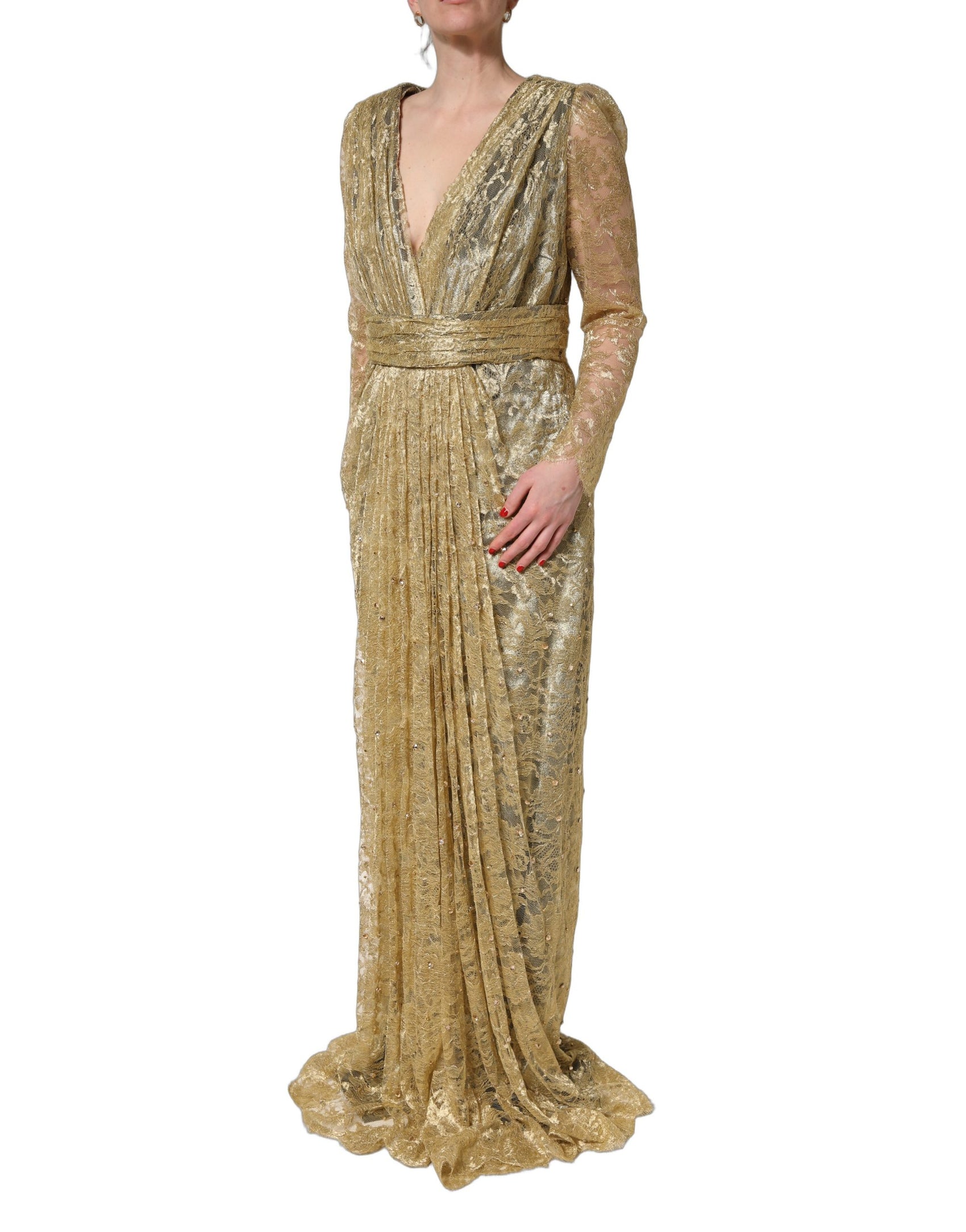 Dolce & Gabbana Gold Sheer Lace Crystal Embellished Dress