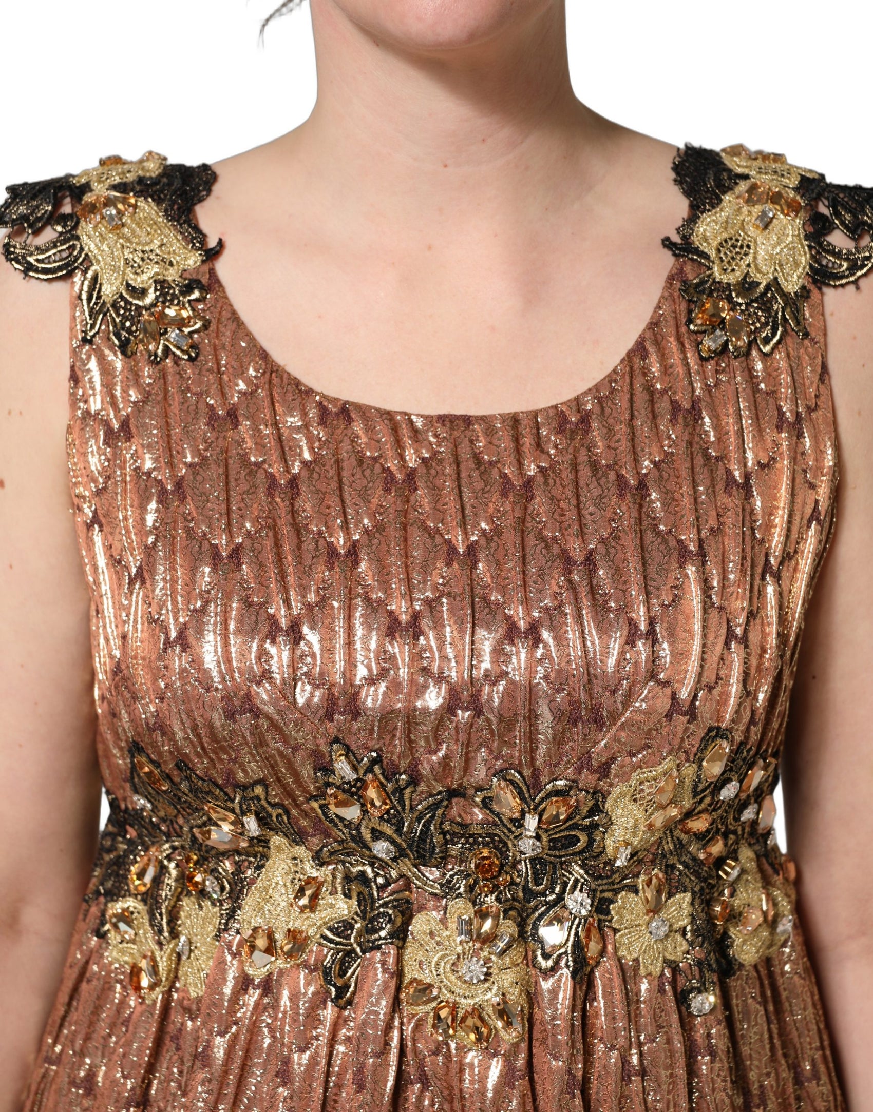 Dolce & Gabbana Brown Metallic Crystal Evening Gown Dress