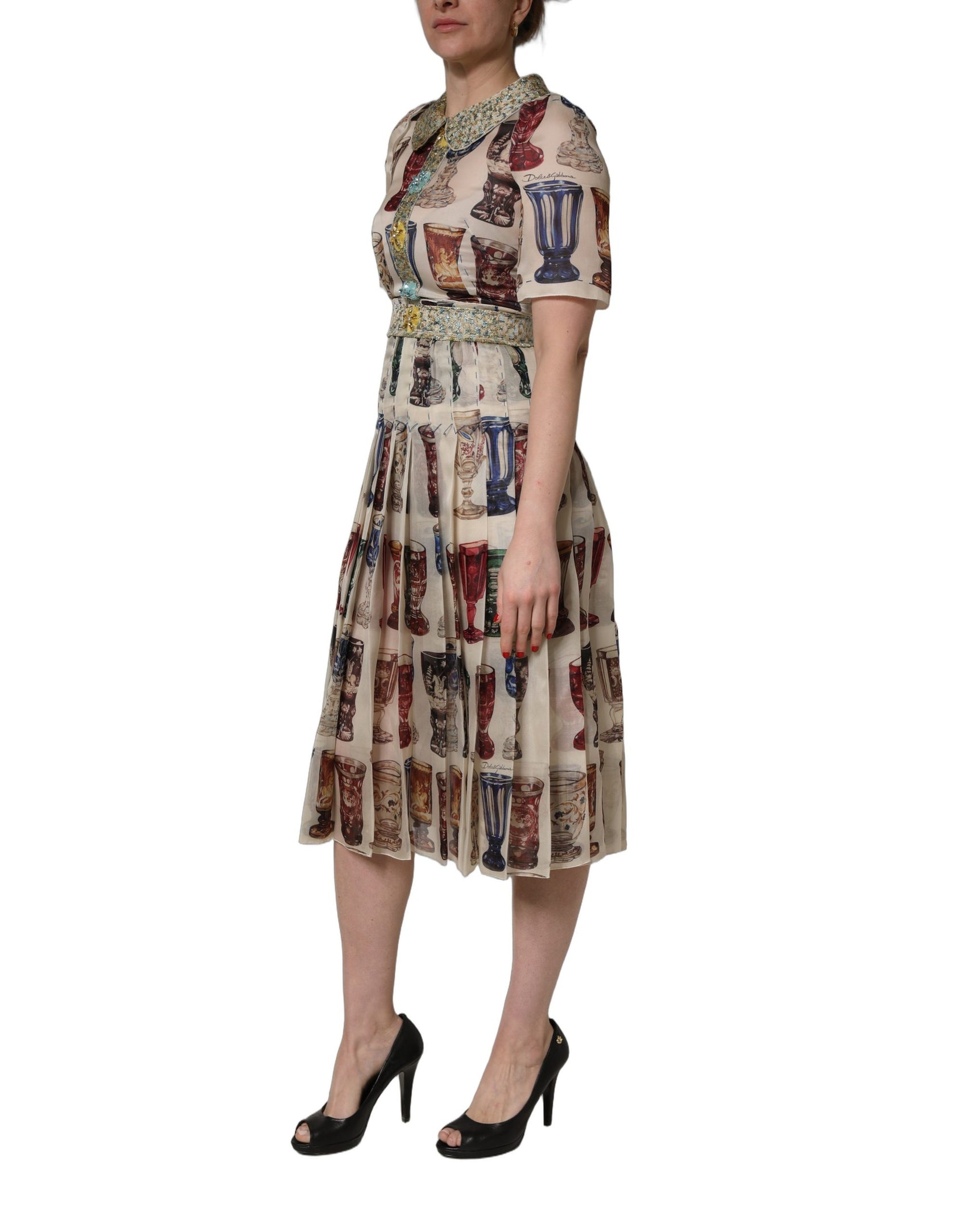 Dolce & Gabbana Multicolor Vintage Glassware Midi Dress