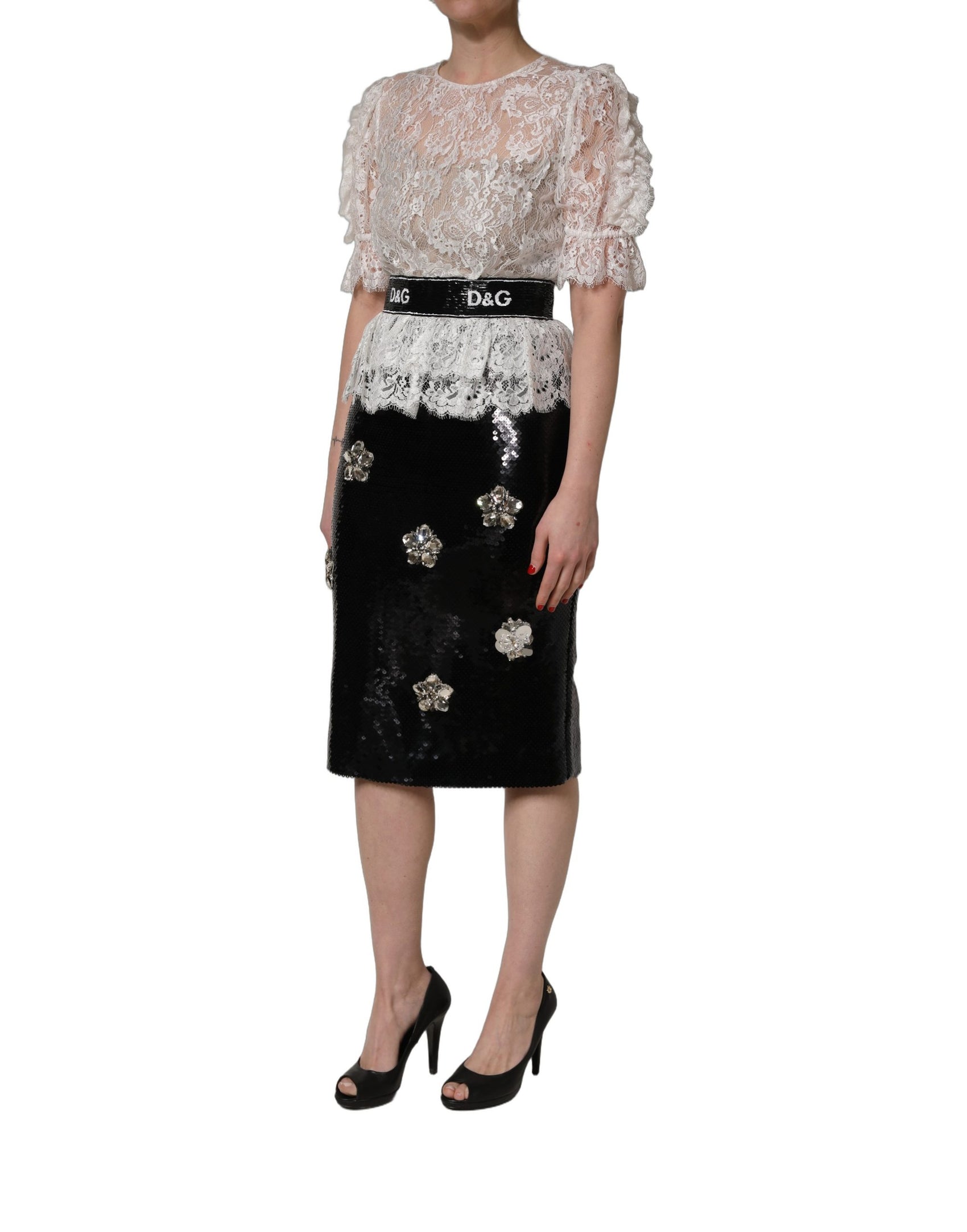 Dolce & Gabbana White Lace Top Embellished Black Skirt Dress