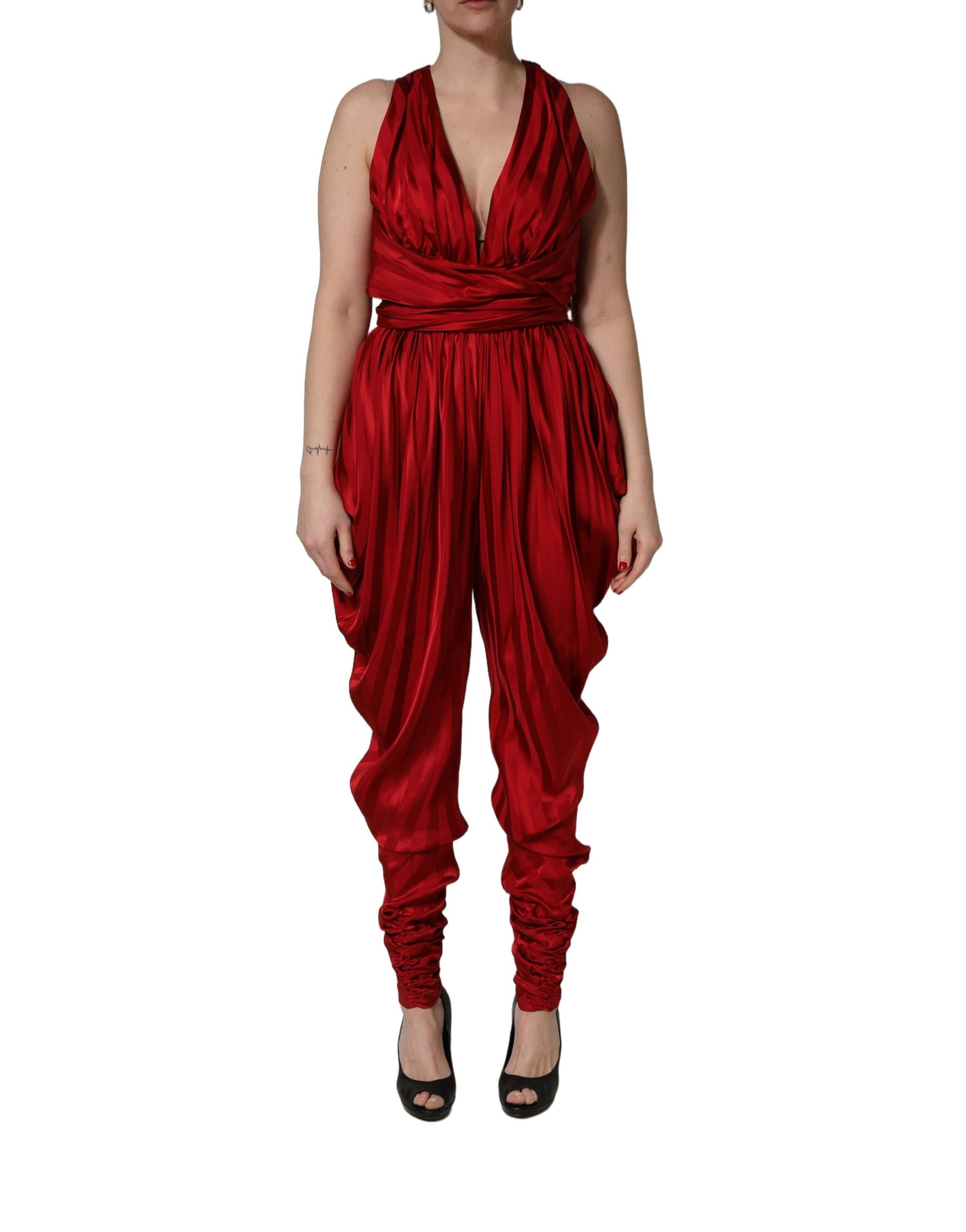 Dolce & Gabbana Red Plunging HalterNeck Draped Jumpsuit Dress