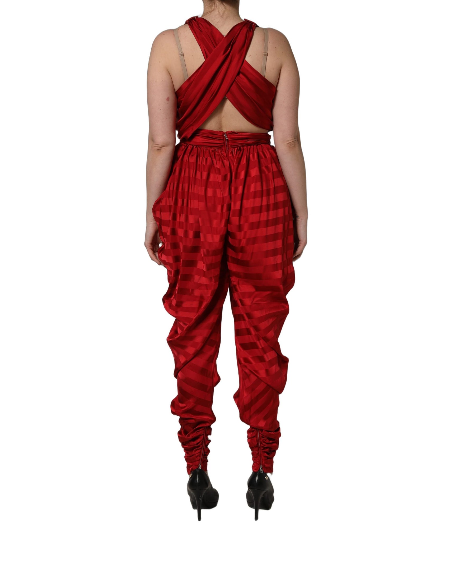 Dolce & Gabbana Red Plunging HalterNeck Draped Jumpsuit Dress